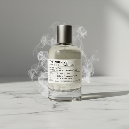 Le Labo Thé Noir 29 bottle on grey marble with soft morning light, minimalist luxury editorial
