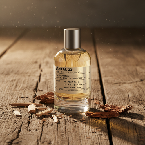 Le Labo Santal 33 bottle on weathered wood with sandalwood chips, warm golden hour light