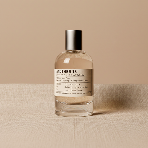 Le Labo Another 13 bottle on warm beige linen, soft natural light, minimalist editorial