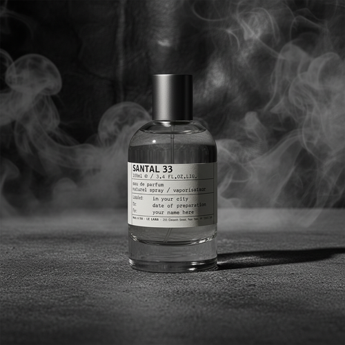 Le Labo Santal 33 bottle on dark concrete with dramatic side lighting and smoke