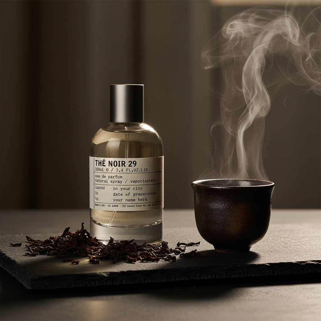 Le Labo Thé Noir 29 bottle with black tea leaves and steam from ceramic cup, moody editorial