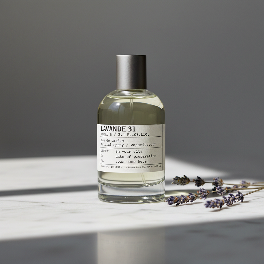 Le Labo Lavande 31 bottle on marble surface with dried lavender sprigs, soft natural light
