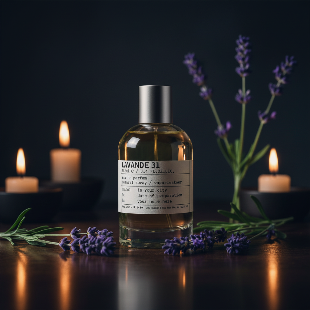 Le Labo Lavande 31 bottle with lavender flowers and candlelight, moody cinematic lighting